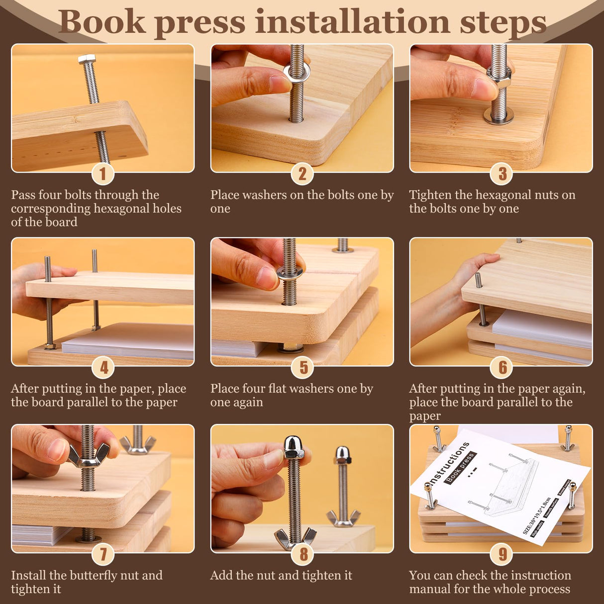 JUPEAN 34 Pcs Book Binding Kits, Book Press(11.81”x7.56”), Books Making Kit with Bone Folder Bookbinding Needles Waxed Threads Books Binding Awl, Bookbinding Tools for Beginners JUPEAN