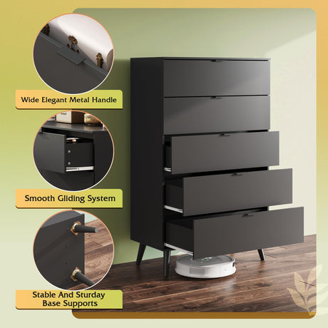 WLIVE 5 Drawer Dresser for Bedroom, Tall Wooden Dresser, Black Dressers Storage Organizer with Sturdy Metal Handle, Chest of Drawers for Living Room, Hallway, Closet WLIVE