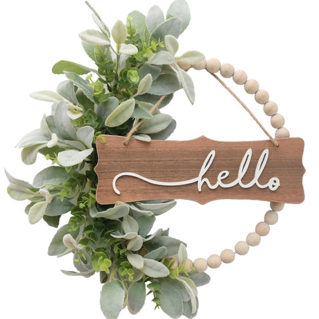 Winters Wreath for Front Door, Wood Bead Wreaths with Artificial Lambs Ears Leaves, Hello and Welcome Door Sign Wreath for Home Decor, Spring Summer Green Leaf Wreath for Wedding Decor idyllic