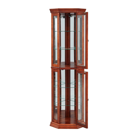 Rpuzonier Lighted Wooden Corner Display Curio Cabinet, Curved Shelving Unit with Adjustable Shelves and Mirrored Back Panel, Tempered Glass Doors for Bedroom, Living Room (Walnut, Corner Shape) Rpuzonier