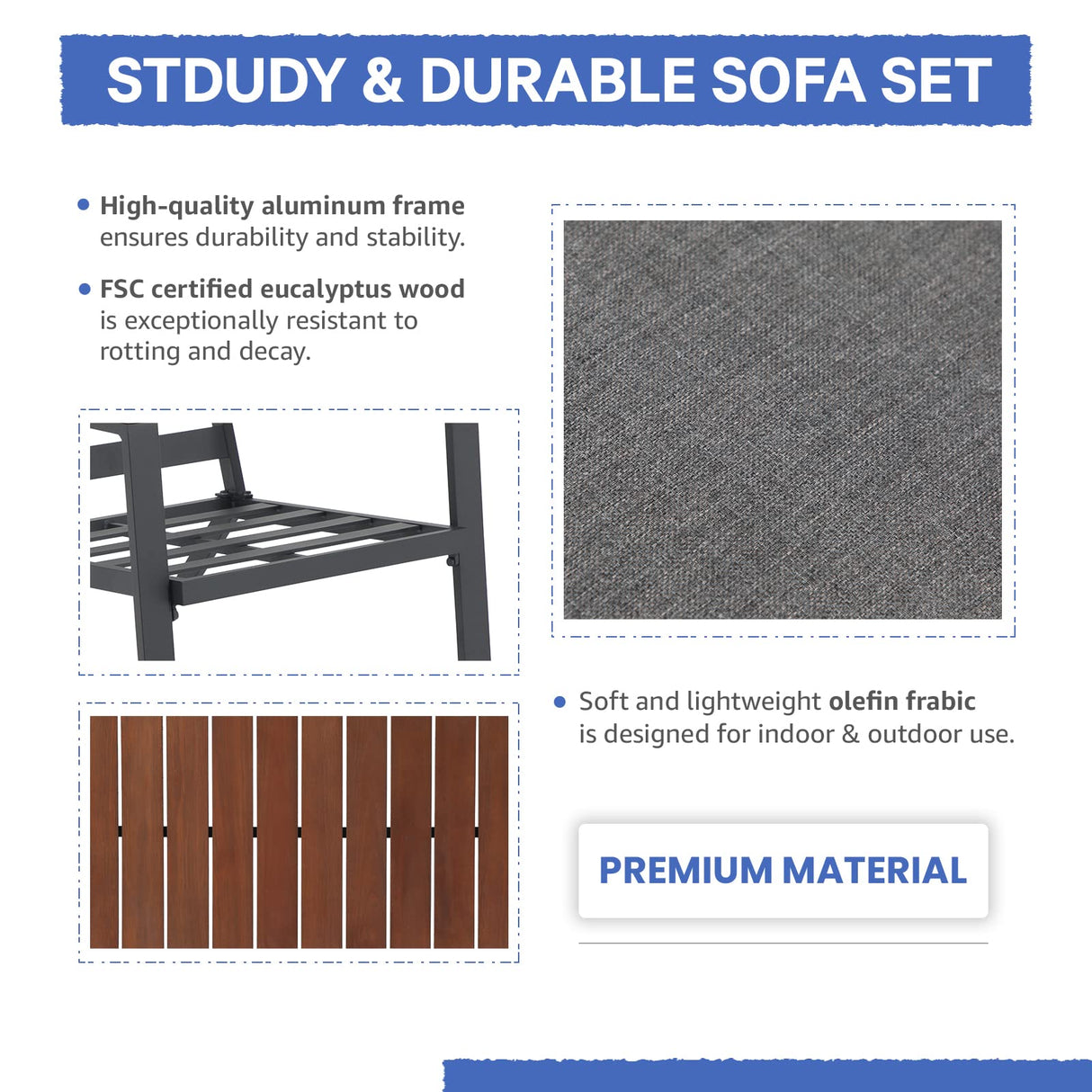 Soleil Jardin Aluminum Patio Furniture Set with FSC Certified Solid Wood Top Armrest & Coffee Table, Outdoor Deep Seating Sectional Sofa, 5 Piece Conversation Sets w/Removable Cushion, Dark Grey Soleil Jardin