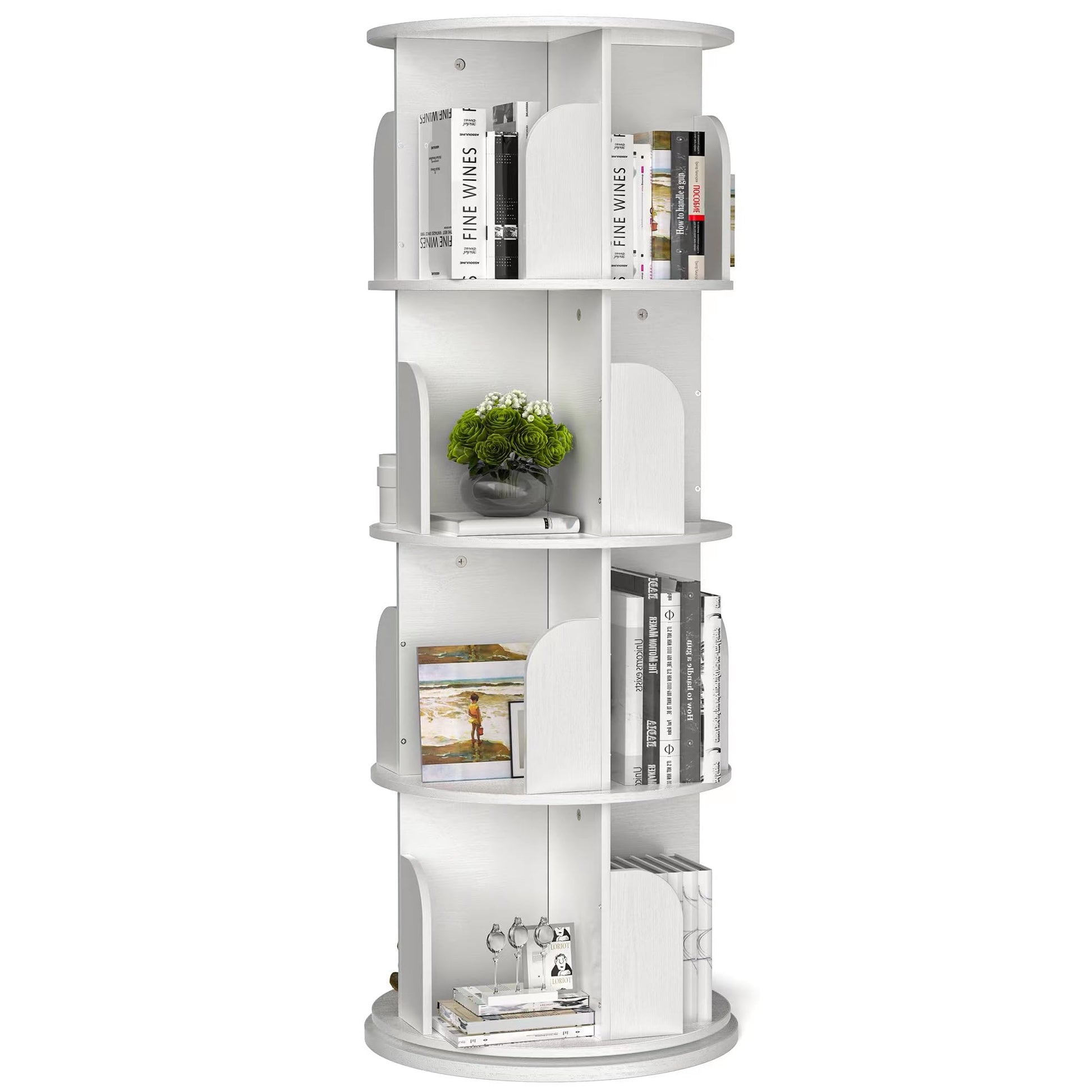 LAZEYARD 360° Rotating White Bookshelf - 4 Tier Floor Standing Storage Rack for Small Spaces - WoodArtSupply