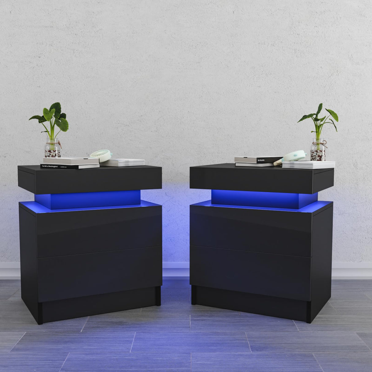 HOMMPA Set of 2 LED Nightstands Black Nightstand with Led Lights Modern Night Stand with 2 High Gloss Drawers Led Bedside Table Smart Nightstand for Bedroom 20.5” Tall HOMMPA