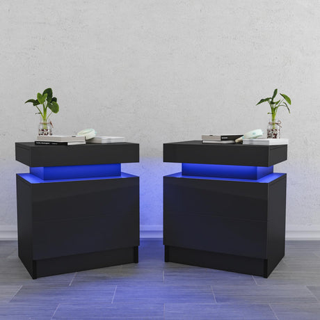 HOMMPA Set of 2 LED Nightstands Black Nightstand with Led Lights Modern Night Stand with 2 High Gloss Drawers Led Bedside Table Smart Nightstand for Bedroom 20.5” Tall HOMMPA