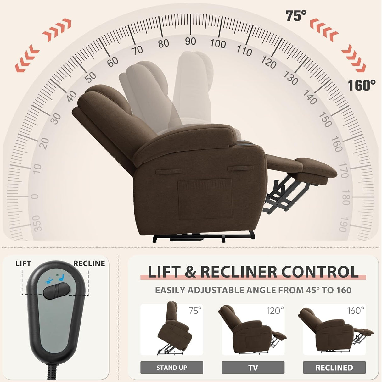 Flamaker Power Lift Chair Massage Recliner Chairs for Elderly - Ergonomic Design with Cup Holders & Side Pockets, Remote Control (Brown) Flamaker