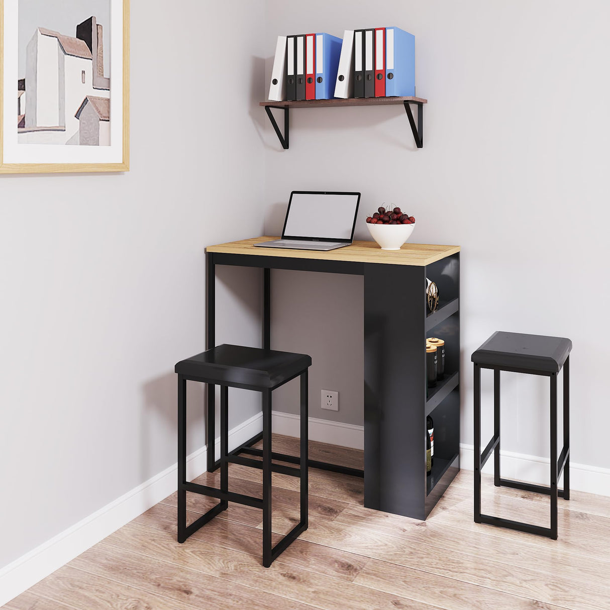 Gyger 3-Piece Black Dining Set with Storage Shelves – Compact Kitchen Bar Table and Stools for Small Spaces Gyger