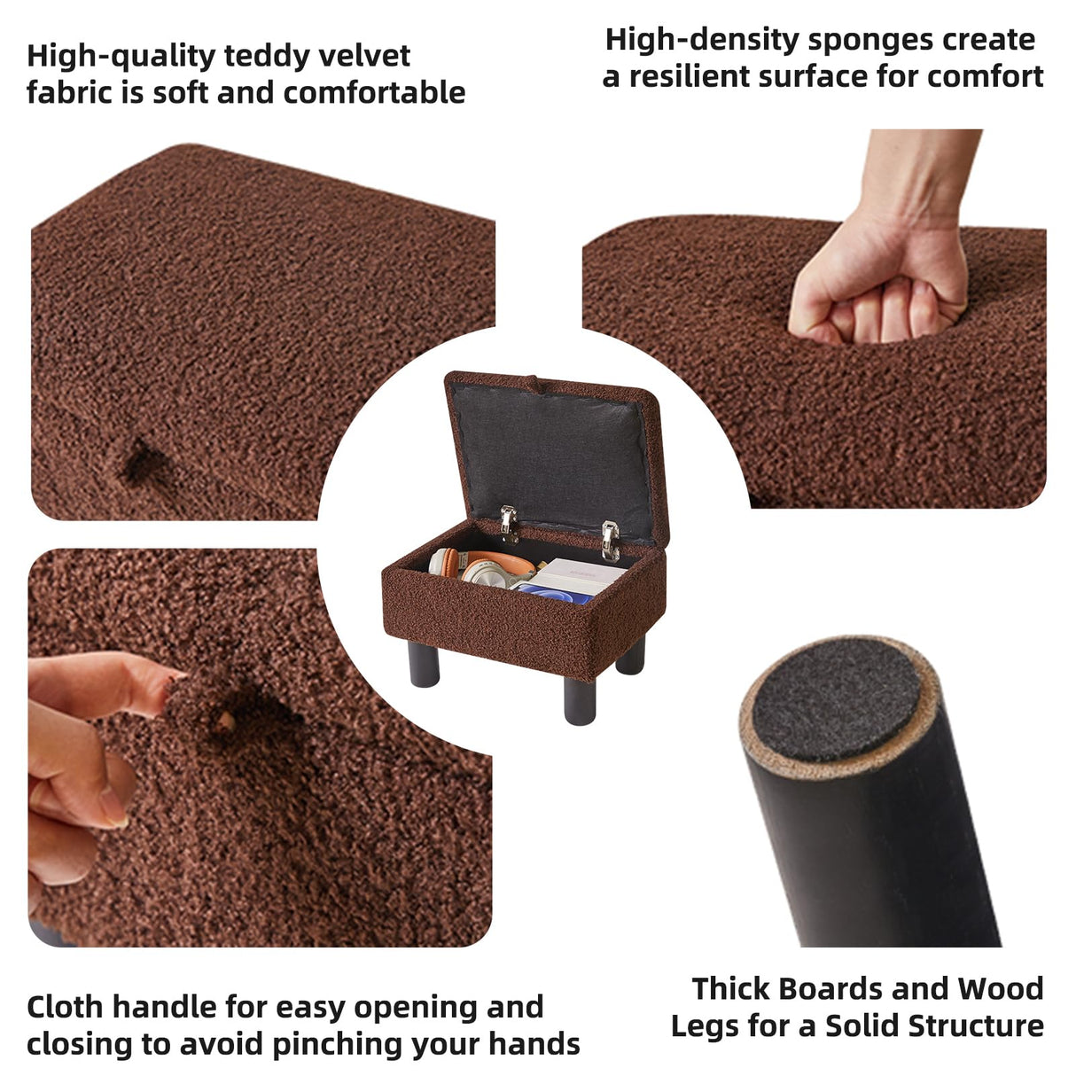 Aibiju Small Foot Stool Ottoman with Storage, Teddy Velvet Foot Rest with Wood Legs and Safety Hinge Flip Top, Bedside Step Stool Rectangle 16x12x9.5inch for Living Room Bedroom Teddy Brown YD-JD136B Aibiju
