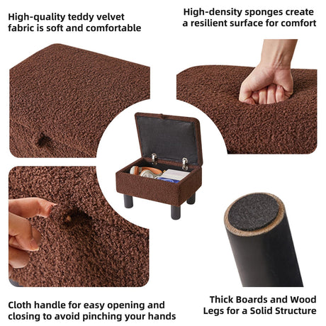 Aibiju Small Foot Stool Ottoman with Storage, Teddy Velvet Foot Rest with Wood Legs and Safety Hinge Flip Top, Bedside Step Stool Rectangle 16x12x9.5inch for Living Room Bedroom Teddy Brown YD-JD136B Aibiju