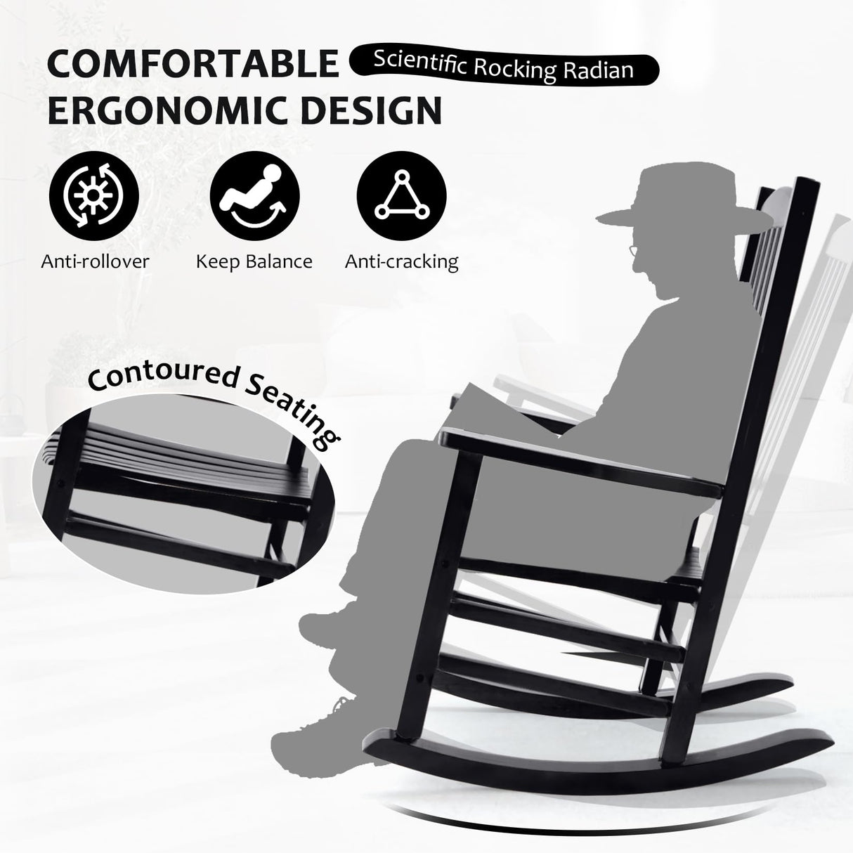 Hupmad Wooden Rocking Chair Rocker Outdoor Oversized Porch Rocker Chair,Patio Wooden Rocker with High Back and Armrest,All Weather Rocker Slatted for Backyard,Garden,400 lbs Support,Black Hupmad