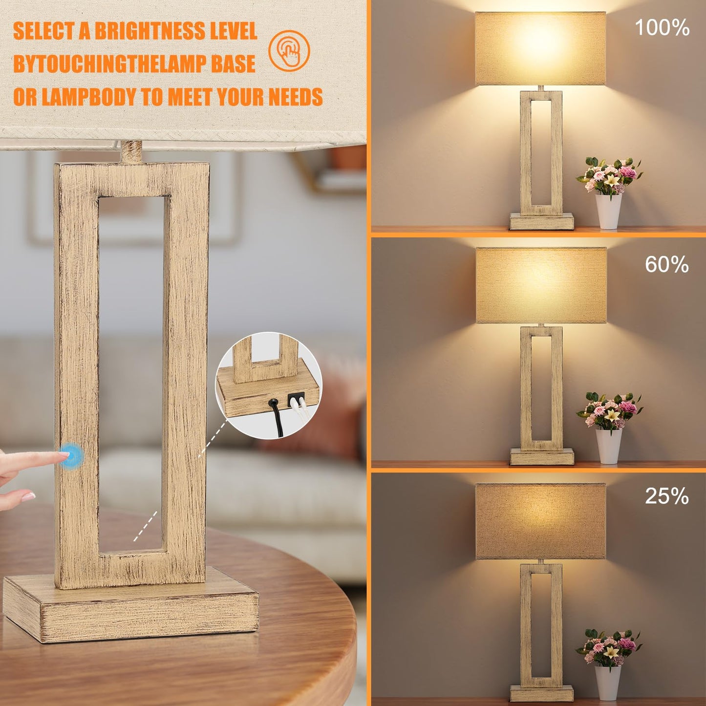 22" Tall Living Room Lamps for Night Stands - Touch Bedside Lamp with USB C+A, 3 Way Dimmable Bedroom Lamps for End Tables Set of 2, Modern Night Stand Lamps(Beige&Wood-Like)