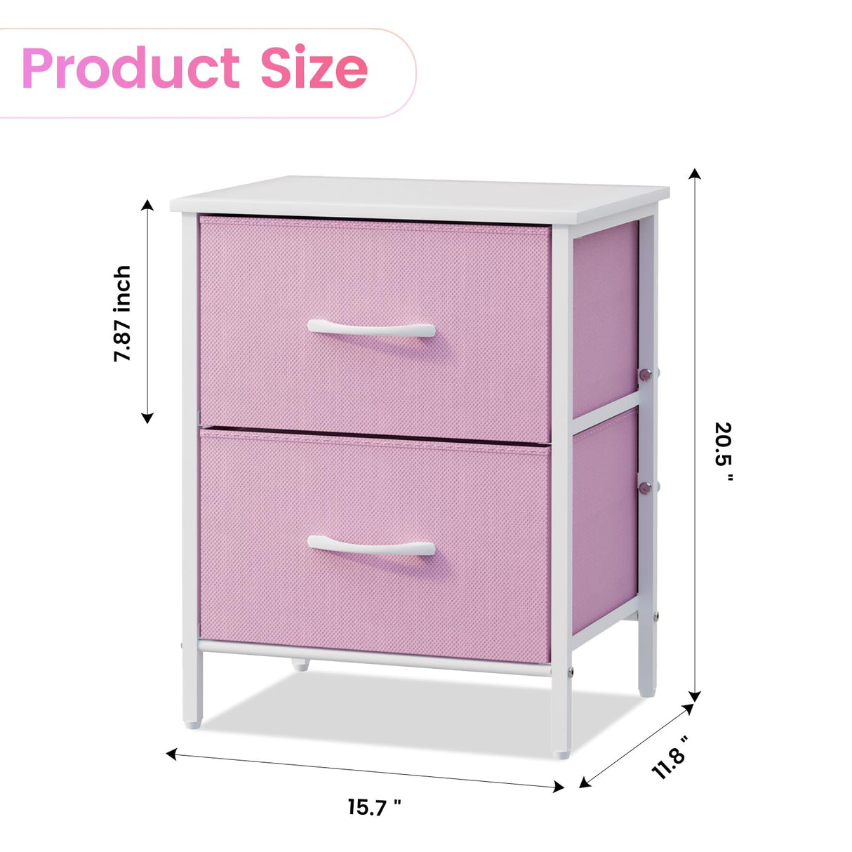 Stero Nightstand Set of 2, Kids Dresser with 2 Drawers, Steel Frame Bedside Furniture, Wood Top Fabric Night Stand, Colorful End Table for Home, Bedroom, Office, Pink Stero
