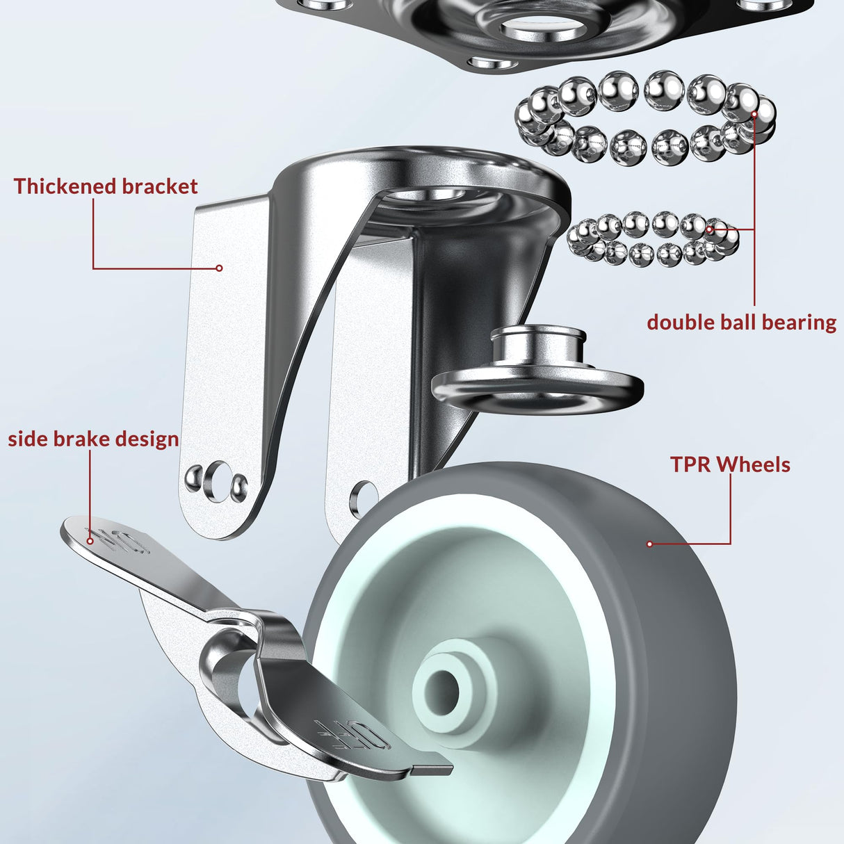 HOLKIE 3 inch Caster Wheels with Side Brakes Swivel Casters for Workbench, Furniture or Other Equipments Load Capacity 500LBS (Set of 4) HOLKIE
