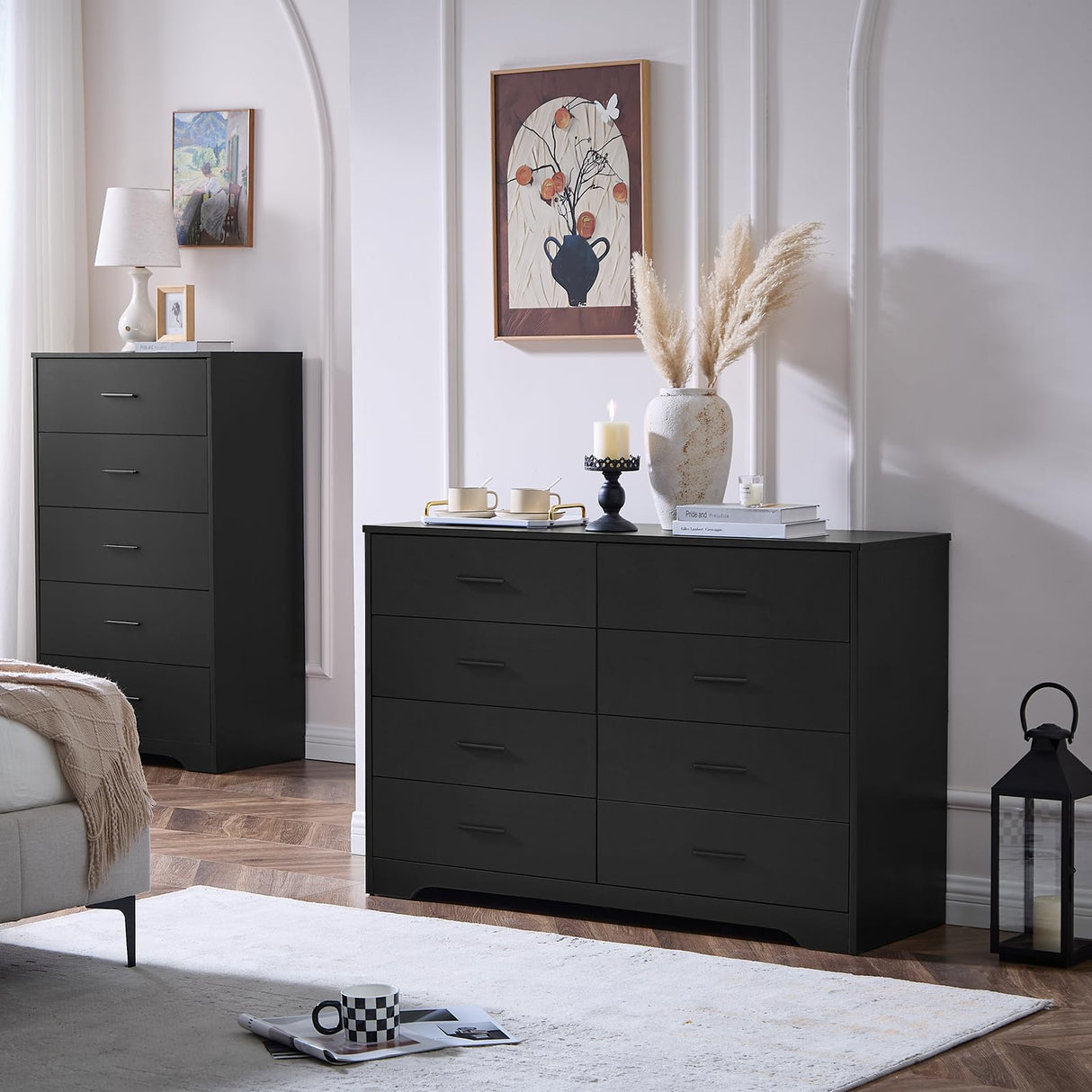 Black Dresser for Bedroom Wooden, 8 Drawer Dressers & Chests of Drawers, Modern Wood Tall Dresser, 48 Inches Wide Chest of Drawers for Bedroom, Hallway, Living Room LIDYUK