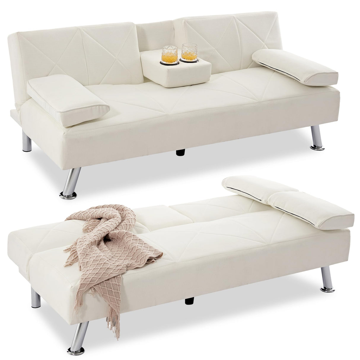 VECELO Modern Convertible Folding Futon Sofa Bed with Removable Armrests Breathable Linen Recliner Couch for Living Room/Apartment Lounge, 2 Cup Holders, White VECELO