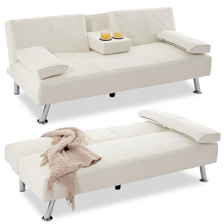 VECELO Modern Convertible Folding Futon Sofa Bed with Removable Armrests Breathable Linen Recliner Couch for Living Room/Apartment Lounge, 2 Cup Holders, White VECELO