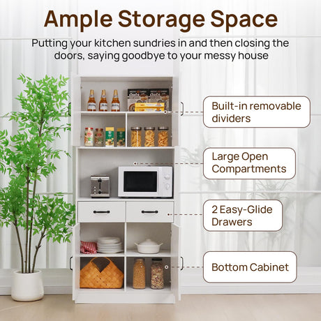 Walmokid 71" Tall Kitchen Pantry Cabinet，Farmhouse Storage Cabinet with Barn Doors and Adjustable Shelves, Heavy Duty White Microwave Cabinet with Drawers for Dining Room, Living Room Walmokid