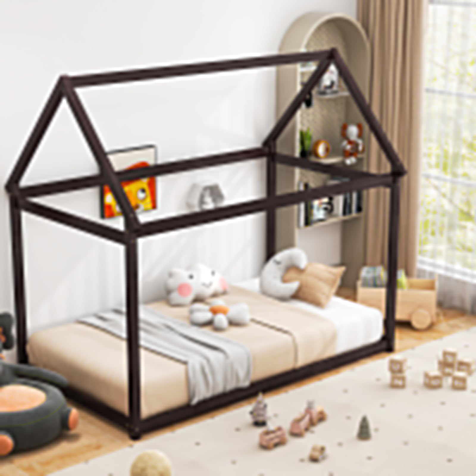 Giantex Espresso Twin House Bed Frame with Canopy - Montessori-Inspired Low Floor Bed for Kids and Teens - WoodArtSupply