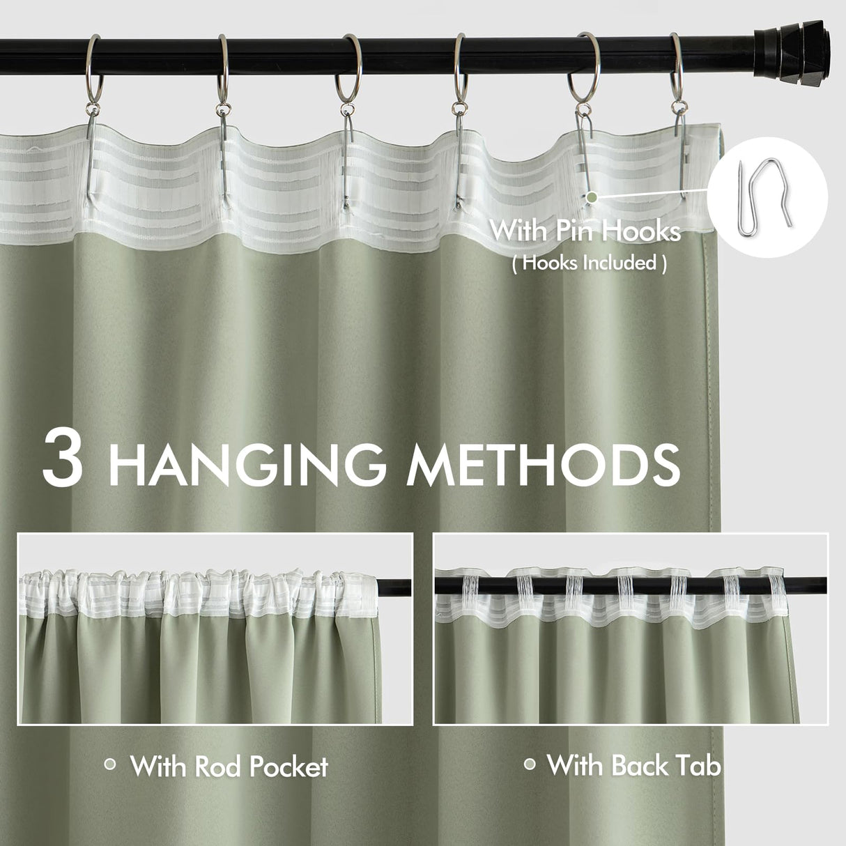 MIULEE Back Tab Sage Green Curtains 108 Inch Long 2 Panels Set for Living Room Bedroom Privacy, Rod Pocket/Pinch Pleated Light Blocking Extra Long Thermal Insulated Room Darkening Blackout Drapes MIULEE