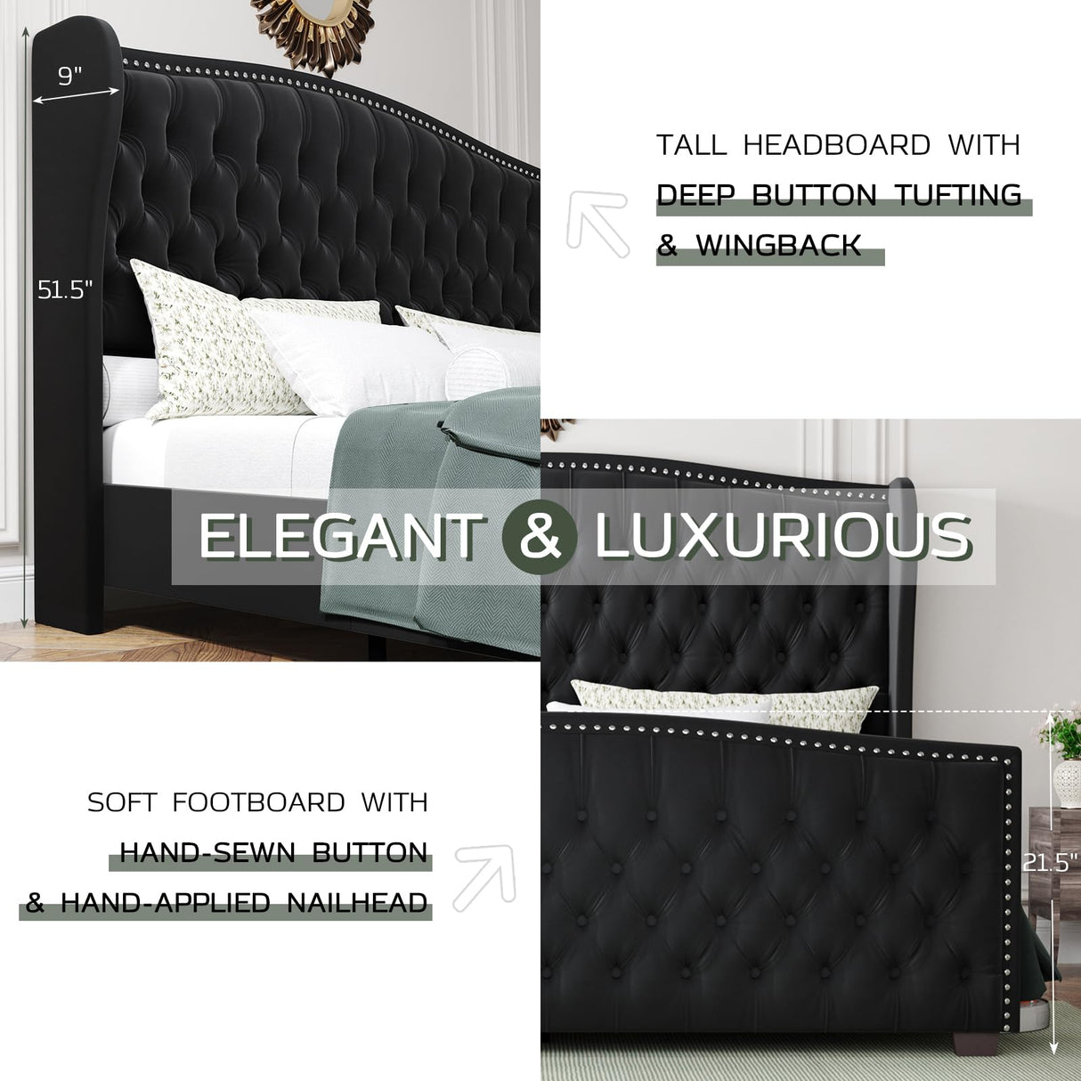 LUXOAK King Platform Bed Frame with Wingback Headboard, Velvet Upholstered Bed Frame with Handmade Button Tufted & Nailhead, Wooden Slats Support, Black LUXOAK