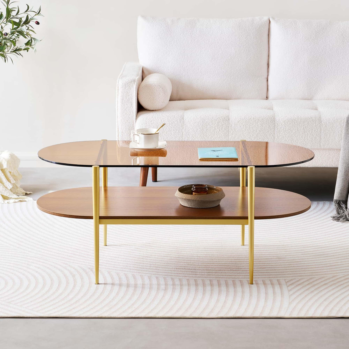 LumFurn Oval Glass Coffee Table, Mid-Century Modern Design, L41 x W21 x H17 inch, for Living Room, 2-Tier Structure, Amber Glass Top and Walnut Finish Wood Shelf, Conical Legs with Gold Finish Frame LumFurn