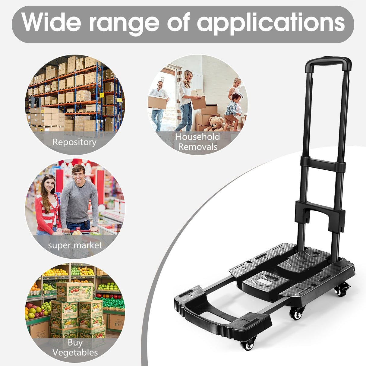 Voipvvii Folding Hand Truck, Portable Heavy Duty Dolly, 6 Wheels Collapsible Luggage Cart with 2 Elastic Ropes - Compact Trolley for Easy Moving - Ideal Hand Cart for Travel and More Voipvvii