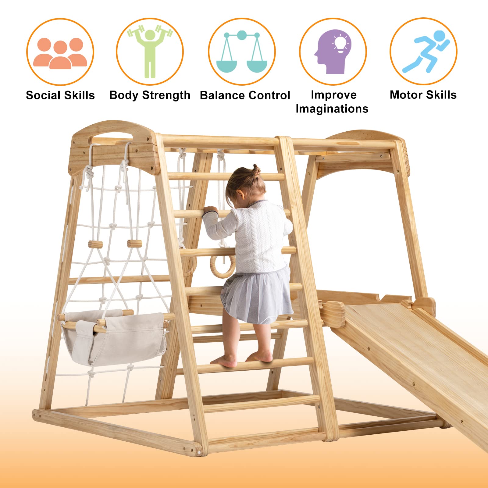 ECOMEX Indoor Jungle Gym for Toddlers 8 in 1 Indoor Playground Wooden Montessori Climber Playset with Slide Swing Climbing Net, Indoor Playground Climbing Toys for Toddlers - WoodArtSupply