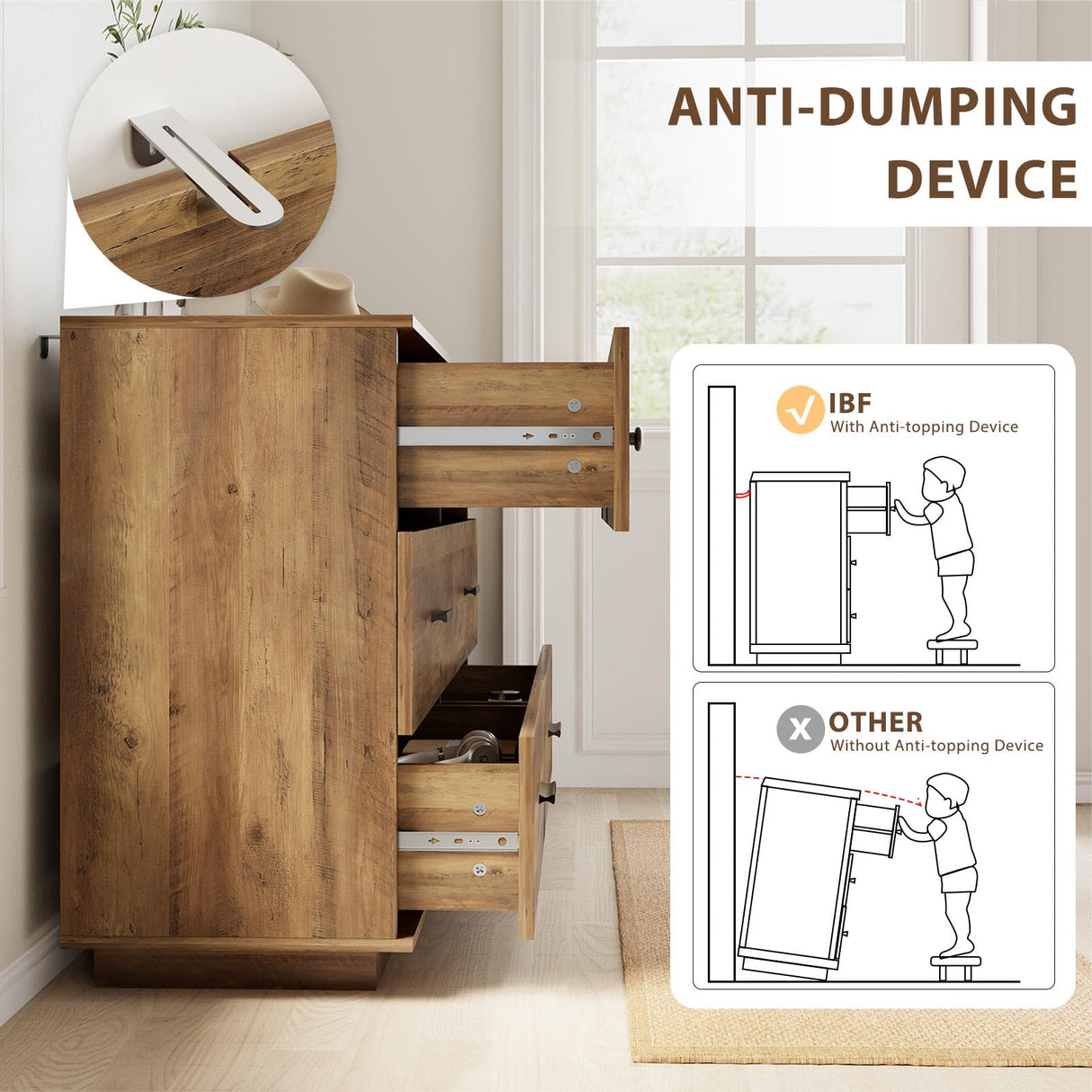 IBF Farmhouse Dresser for Bedroom Modern 6 Drawer Dresser Fluted Chest of Drawers Large Wood Closet Dressers with Anti-Tipping Design for Bedroom, Living Room, Hallway, Entryway, Nursery, Rustic Oak IBF