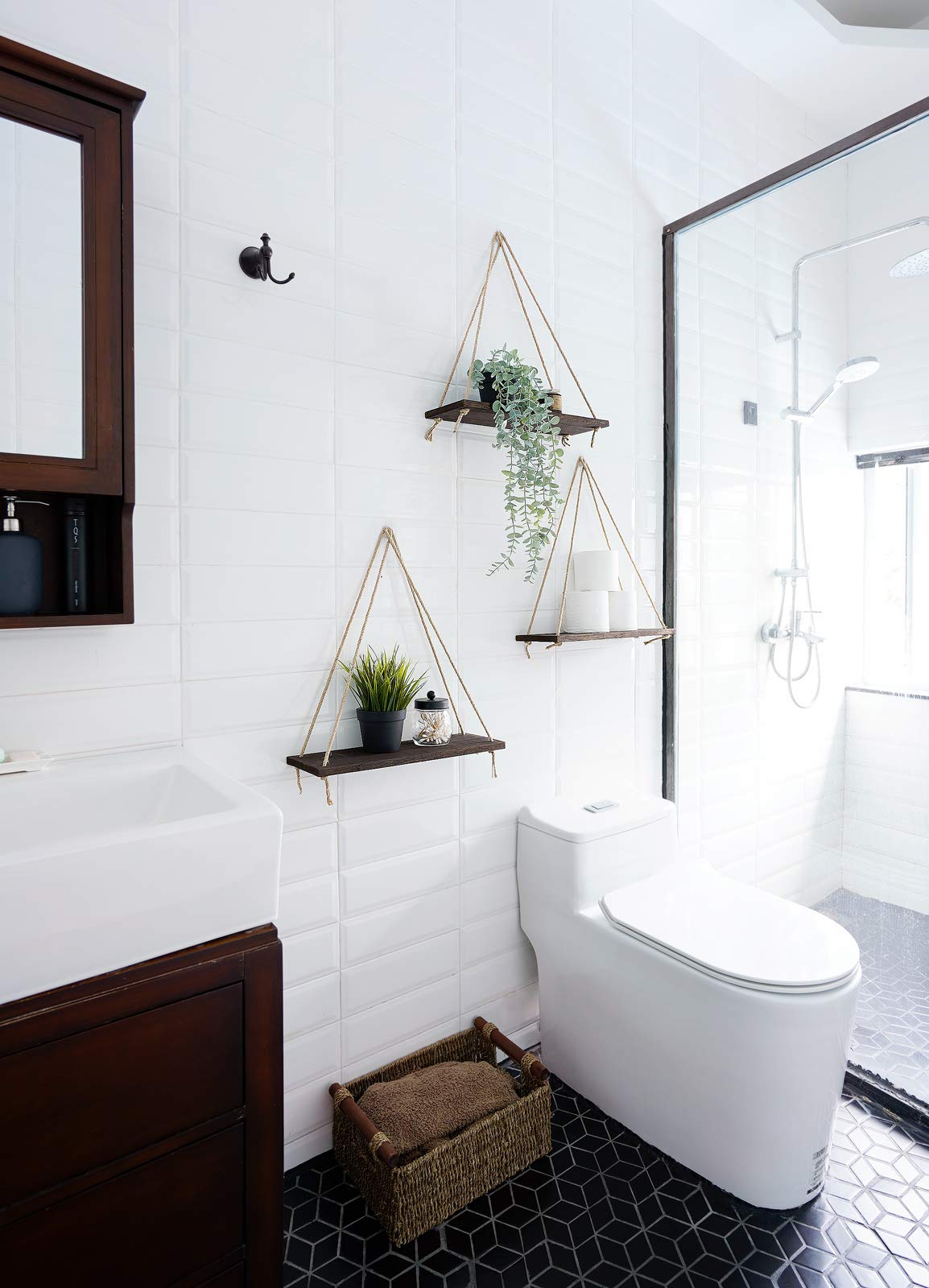 Mkono Wood Hanging Shelves for Wall Boho Decor Swing Rope Rustic Floating Shelf, Set of 3 Wall Display Shelving Home Organizer Rack for Living Room Bedroom Bathroom Kitchen,Brown Mkono