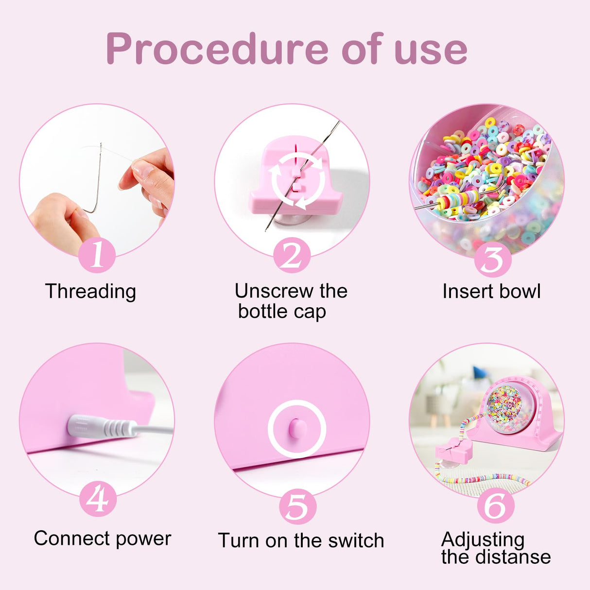 Hicdaw Electric Bead Spinner Kit - Clay Bead Spinner with 2 Needles for Crafting - Bracelet & Necklace Maker, Pink Hicdaw