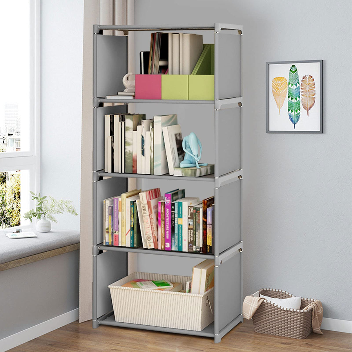 Kaichenyt Bookshelf 4-Tier Grey Open Storage Shelf Floor Standing Display Bookcase Modern Books Storage Shelves Open Bookshelf and Bookcase for Living Room, Home Office, 49(H) x15.74(L) x11(W) inch Kaichenyt
