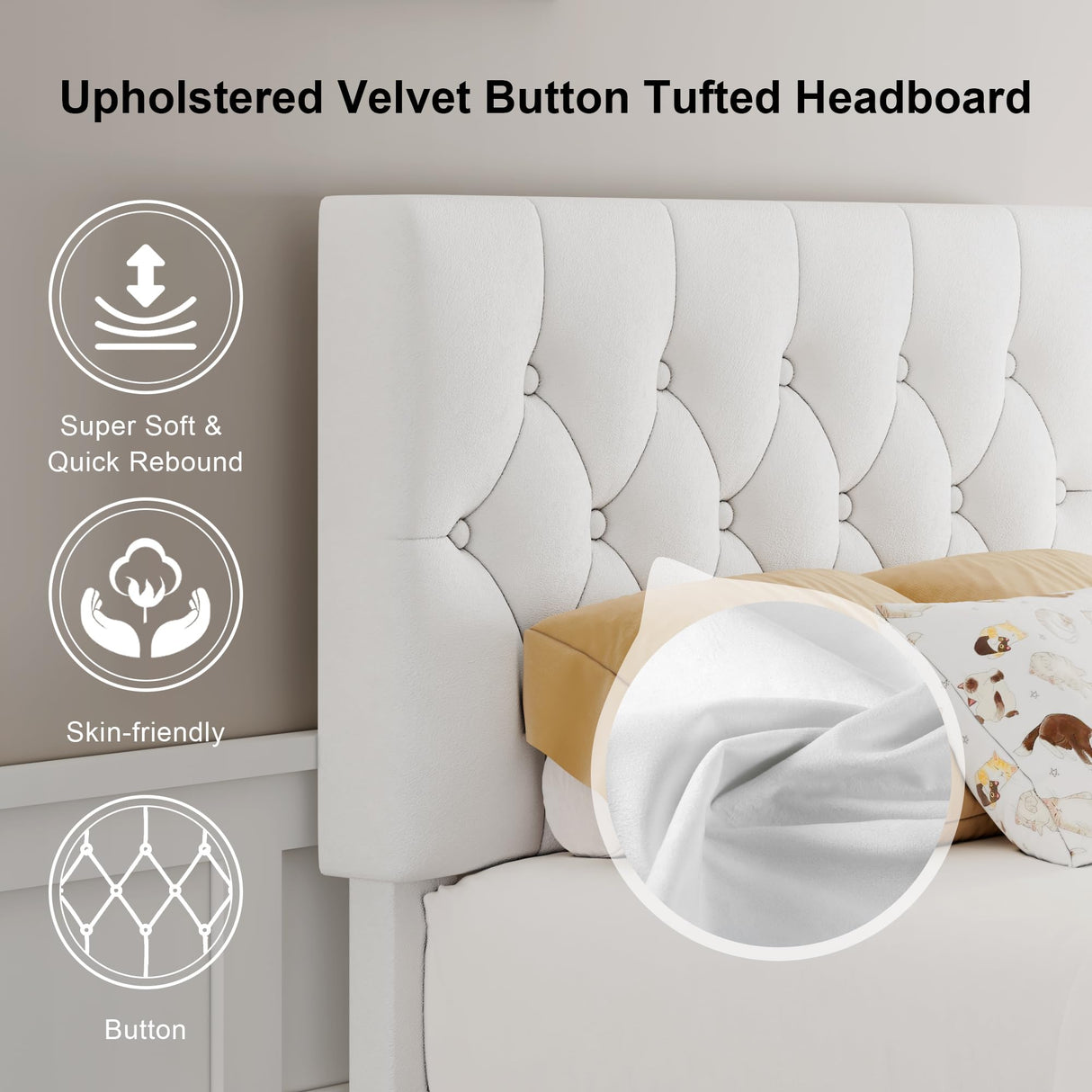 Feonase Velvet Twin Platform Bed Frame with Button Tufted Headboard, Upholstered Bed with Wooden Slats Support, No Box Spring Needed, Easy Assembly, Noise-Free, White Feonase