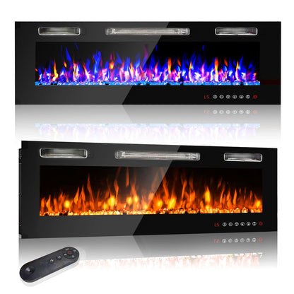 60 inch Wall Mounted Electric Fireplace, Multi LED Flames Fireplace Insert with Crystal, 750/1500W Fireplace Heater,Remote/Touch Screen Control Recessed Fireplace for Halloween,1-8H Timer / 400 Sq.