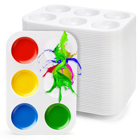 Cedilis 50 Pack White Art Paint Tray Palette, Rectangular Plastic Paint Tray for Kids, Adult, Student Watercolor Craft DIY Art Painting, 6 Wells, Easy to Clean Cedilis