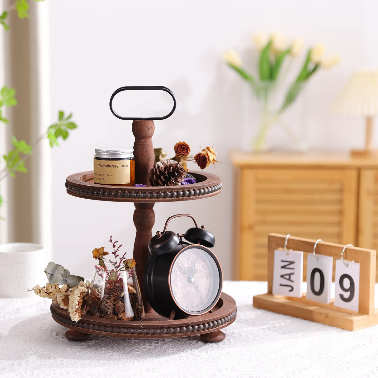 Urban Deco Wooden Decorative Tray Two Tiered Tray Decorations Round Serving Tray with Metal Handle, Wooden Cupcake Stand for Party Tiered Dessert Stand - Dark Brown Farmhouse Wooden Tray Urban Deco