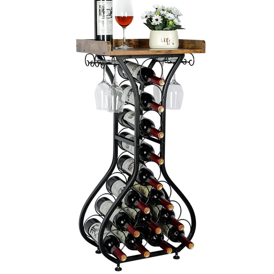 X-cosrack Wine Rack Freestanding Floor, Mini Bar Table Wine Holder Stand Liquor Cabinet with Glass Holder Wood Tabletop 14 Bottles Floor Wine Storage for Home Bar Kitchen Living Room (Patent Pending)