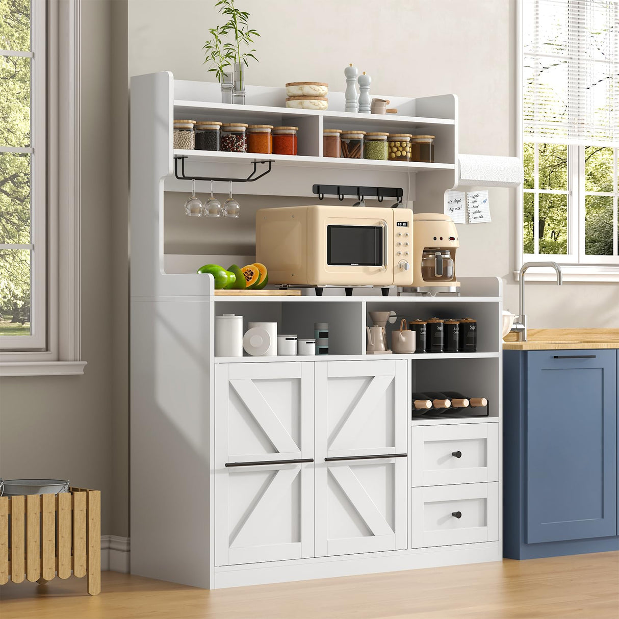 VVFLU Hutch Storage Buffet Cabinet with Drawers, and Charging Station, Coffee Bar Cabinet with Barn Doors, Wine Rack and Hooks, White Wood Sideboard Buffet for Kitchen, Dining Room, 54.5" High VVFLU