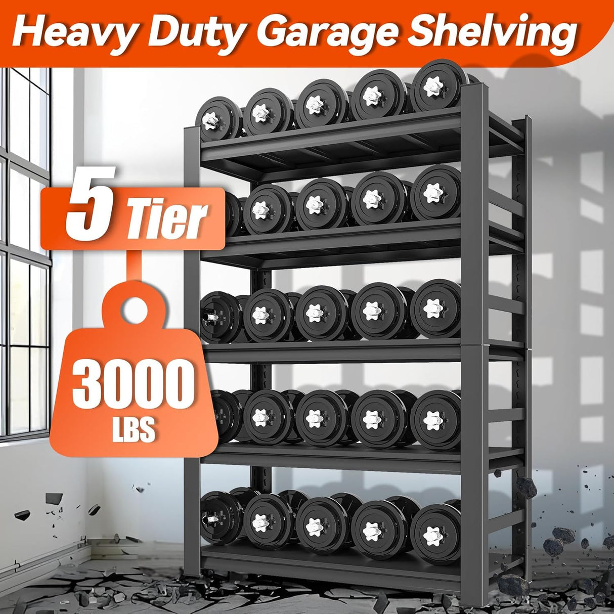 Notmise Garage Shelving Unit, Heavy Duty Metal Shelves, 5-Tier Adjustable Storage Shelf, Industrial Shelving Unit, 3000Lbs, for Warehouse, Basement, and Garage, with Fence 72" H x 15.7" D x 35.4" W Notmise