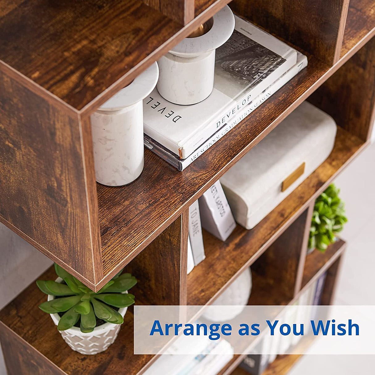 Cozy Castle Set of 2 Geometric Bookcase, S-Shaped Modern Bookshelf, Room Divider Bookshelf, 62" Tall Unique Abstract Bookcase with 5-Tier Display Shelf for Living Room Office, Rustic Brown Cozy Castle