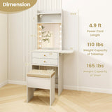 LDAILY Small Vanity Desk with Mirror and Lights, Modern Slim 3 in 1 Vanity Desk with Charging Station and Foldable Side Table, Compact Vanity with Hidden Chair and 2 Drawers for Bedroom (White) LDAILY