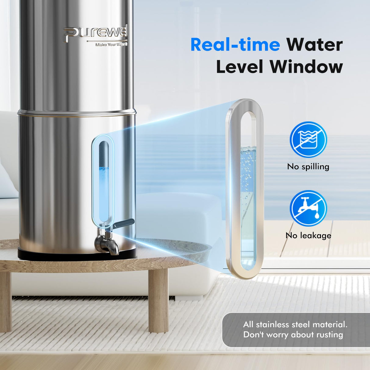 Purewell 2.25G Gravity Water Filter System with Water Level Window, 3-Stage 0.01μm Ultra-Filtration Stainless Steel Countertop System with 2 Filters and Stand, Reduce 99% Chlorine, PW-KS Purewell