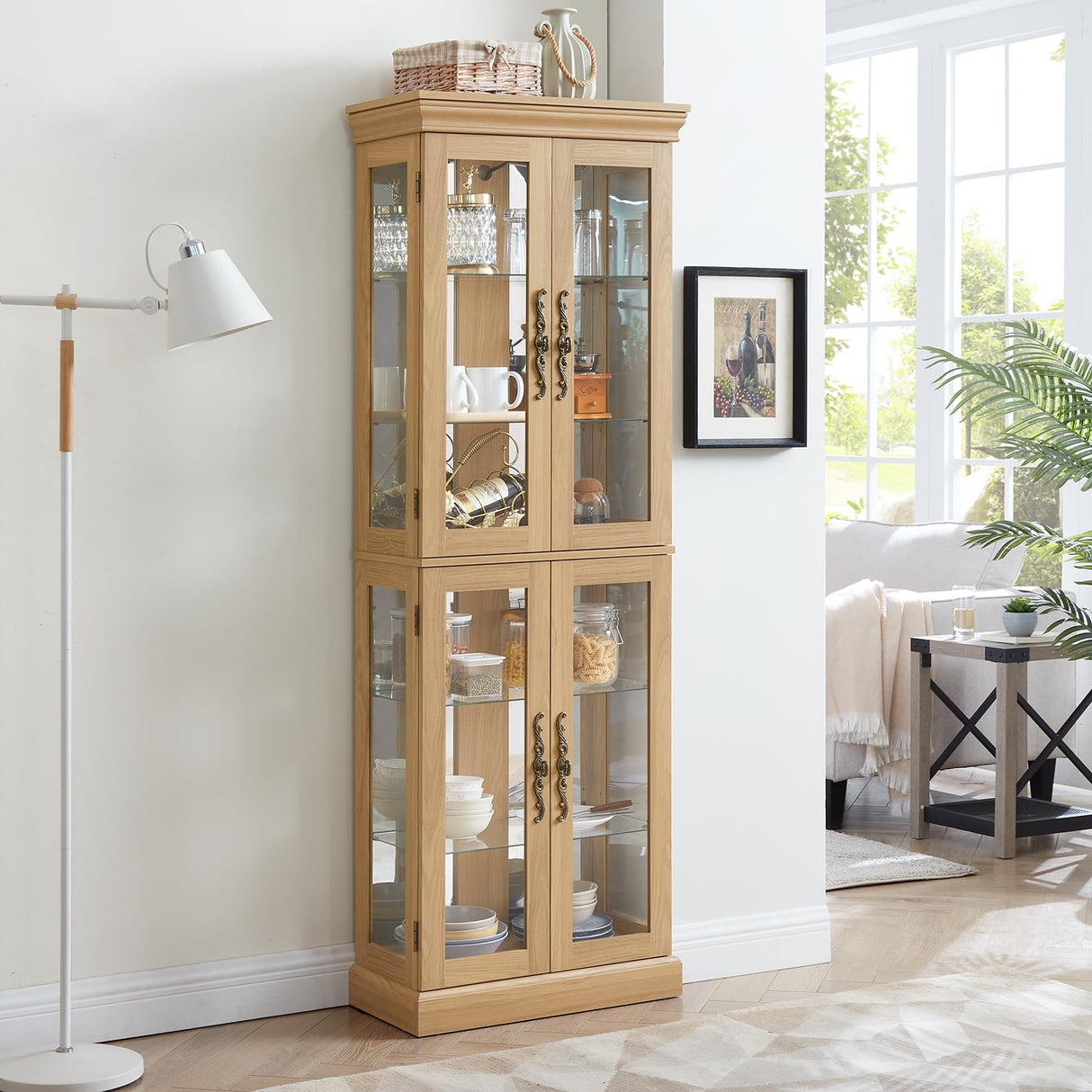 Curio Cabinet Lighted Glass Display Cabinet with Glass Doors and Adjustable Shelves, Freestanding Curio Display Case Tall Liquor Cabinet for Living Room Kitchen Pantry Bar, Bulb Included, Light Oak BAOMKONG