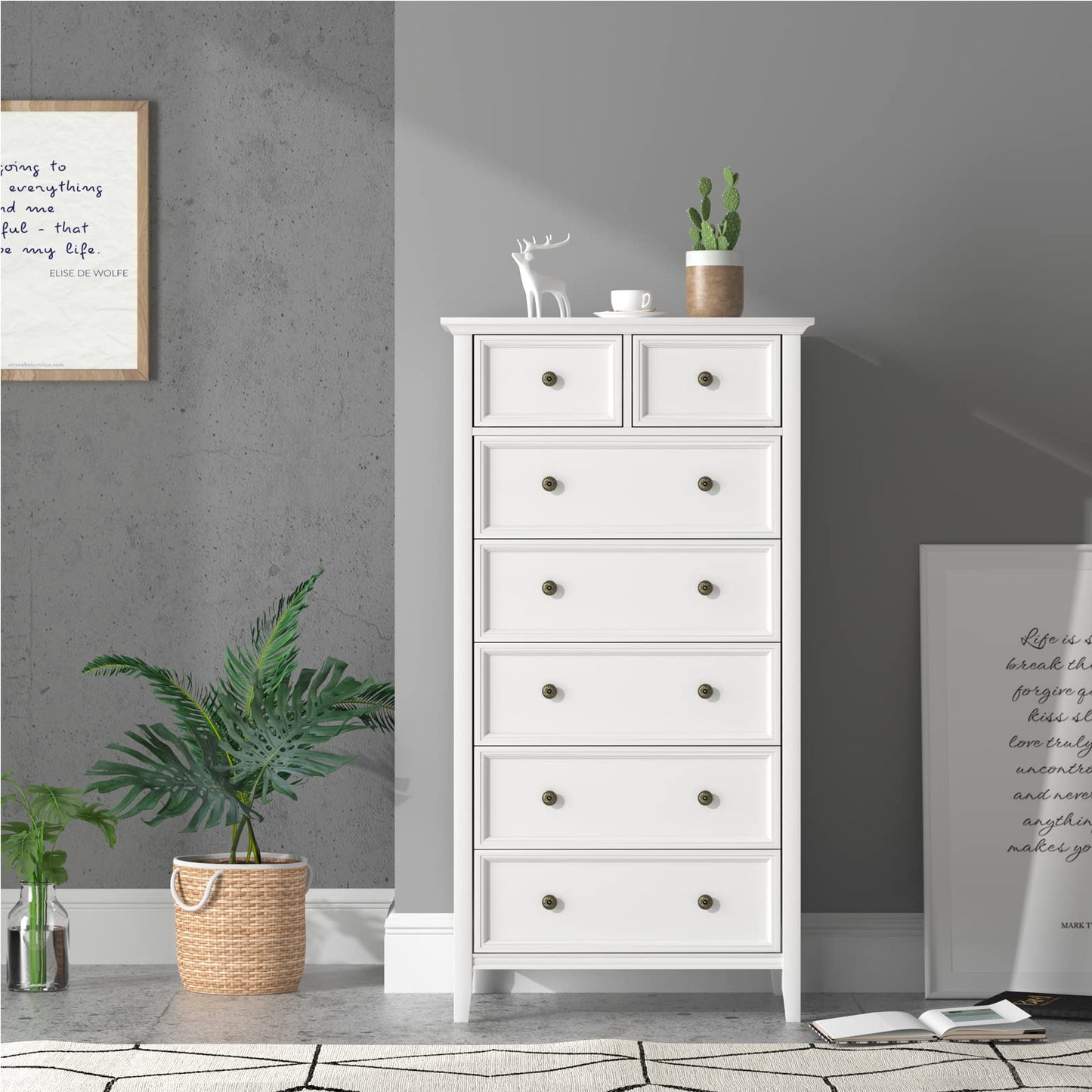 IKENO White 7 Drawer Tall Dresser, Tall Solid Wood Large Storage Cabinet, Modern Simple White Tall Chest of Drawer for Bedroom Living Room Hallway Entryway (White) - WoodArtSupply