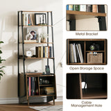 JOINICE 5-Tier Ladder Bookshelf with Cabinet,Mid Century Modern Bookshelf with Adjustable Shelf,Tall Bookshelf with Charging Station,Wood and Metal Display Rack for Living Room,Bedroom,Office,Walnut JOINICE