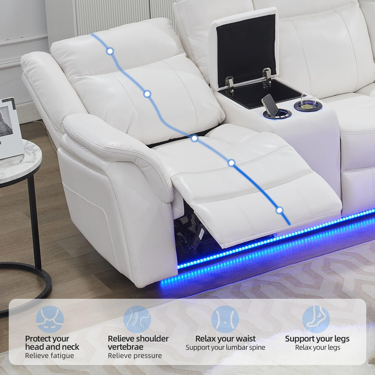 TODRANI Power Reclining Sectional Sofa 5 Seater, Faux Leather Reclining Sectional Couches for Living Room with Wall Hugger Recliner, L Shaped Furniture Sofa Sets with LED Light, USB Port, White TODRANI