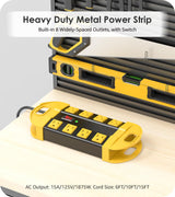 CCCEI Heavy Duty Power Strip Surge Protector, Metal 8 Outlets Power Strip for Appliance. Garage Shop Industrial Workbench 15 AMP Outlets Strip. 6FT Extension Cord, Yellow CCCEI