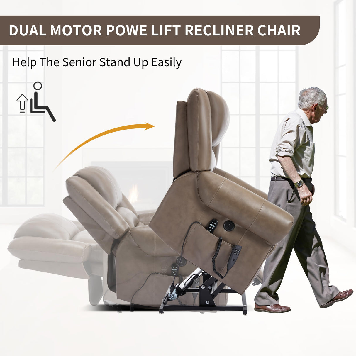 Dual Motor Power Lift Chair, Lay Flat Recliner Chair, Electric Recliner with Massage and Heat for Elderly, Remote Control, Infinite Position, Standing Assistance, USB Ports (Khaki, Genuine Leather) Trustyue
