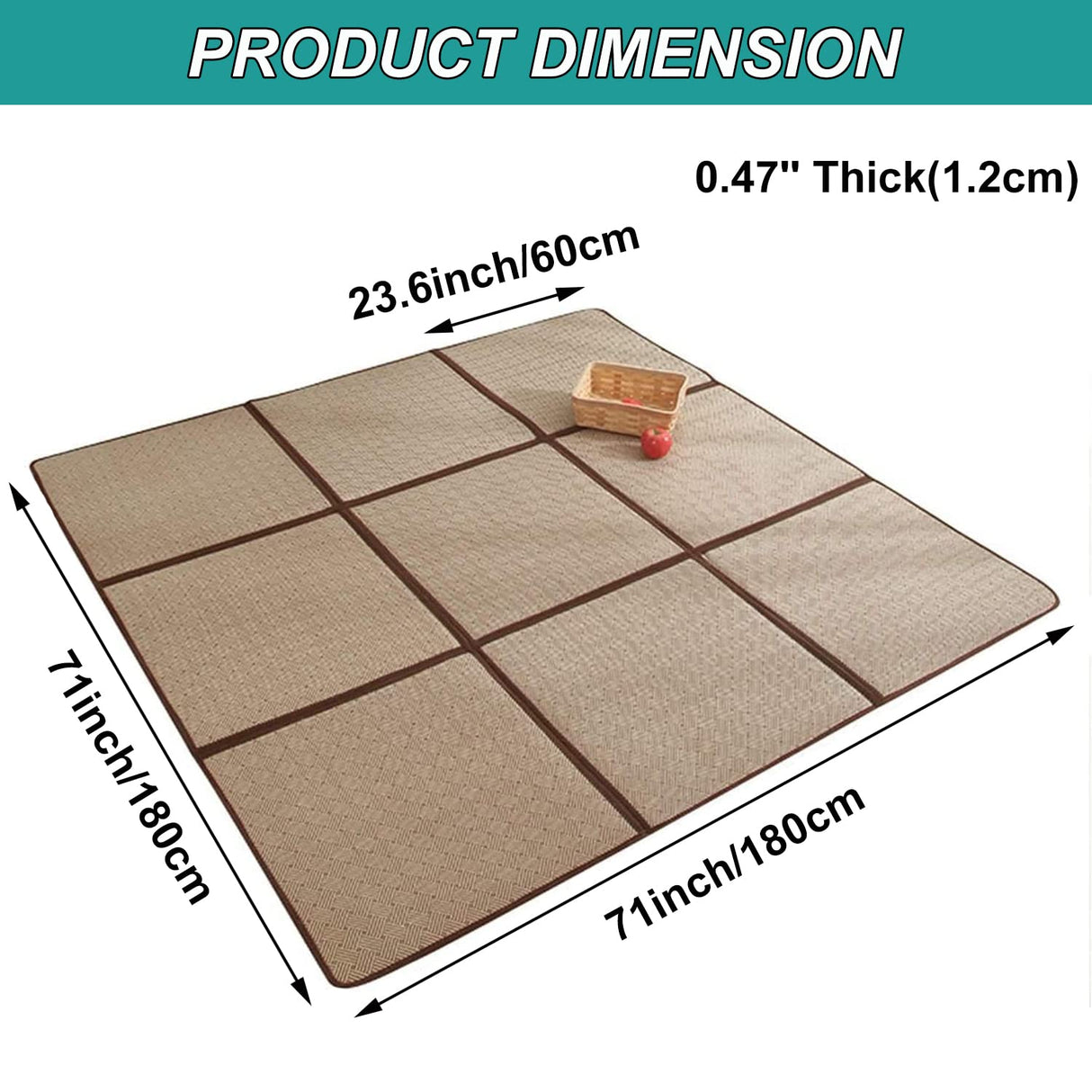 MYOYAY Large Japanese Tatami Mat 71x 71in Summer Breathable Sleeping Mat Foldable Rattan Floor Mat Non-Slip Memory Foam Stitching Carpet Crawling Mats Living Room Bedroom Playroom Yoga (Brown) MYOYAY