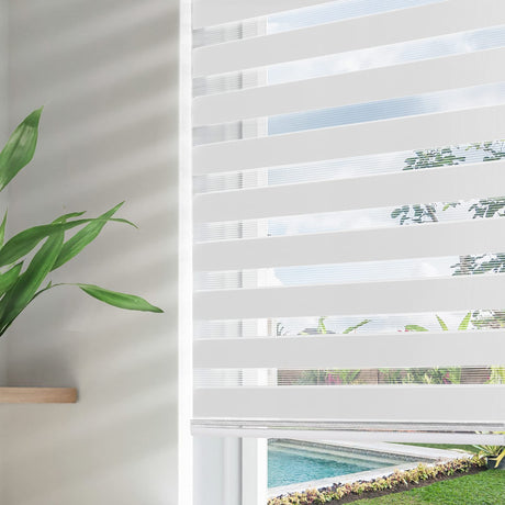 Joydeco Cordless Zebra Blinds for Windows, Dual Layer Free-Stop Zebra Shades Privacy Light Control for Day and Night, Light Filtering Sheer Blinds for Indoor Windows (Off-White, 32" W x 75" H) Joydeco