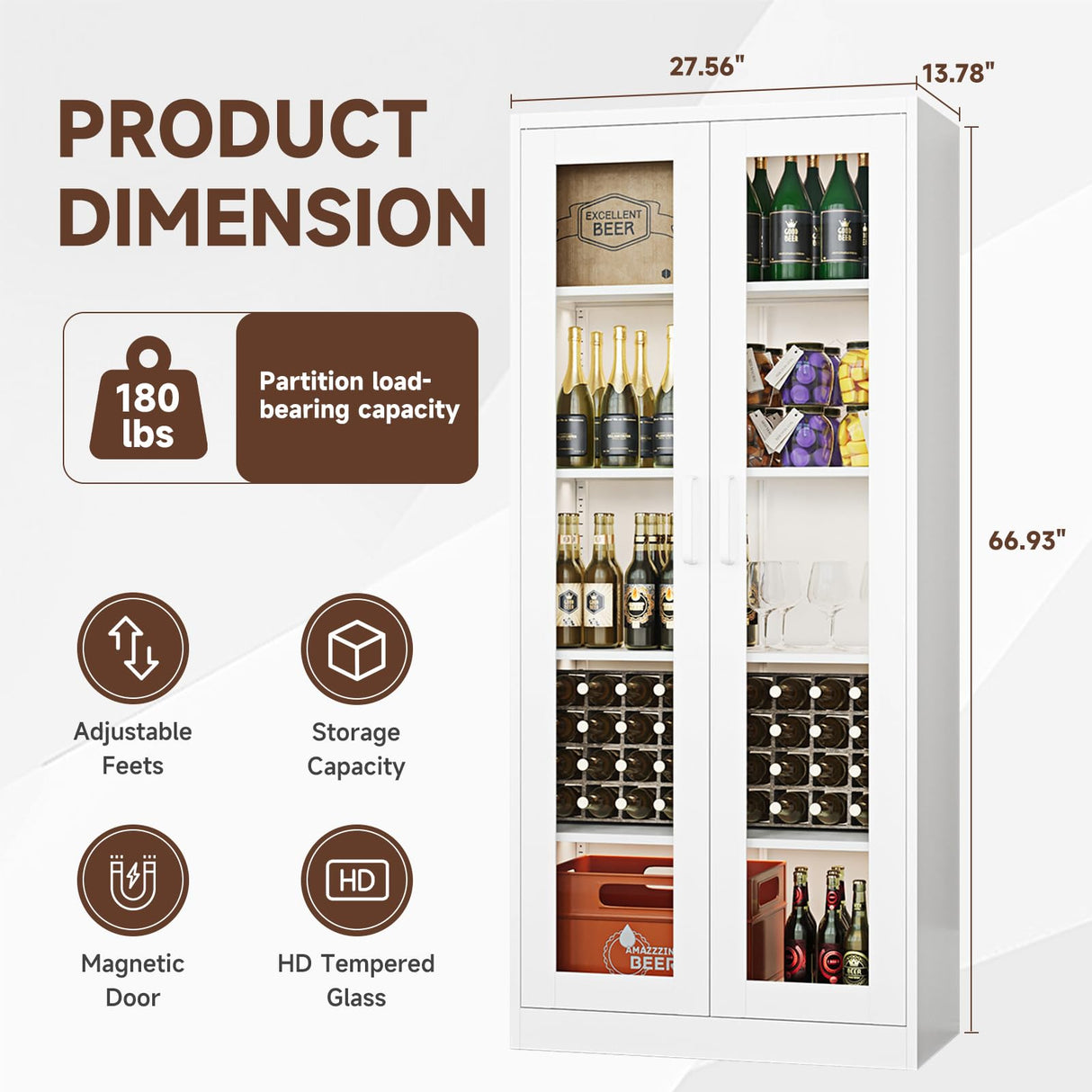 PEUKC Display Cabinet with Glass Doors, 67-inch Curio Cabinets with 4 Adjustable Shelves, HD&Tempered Glass Cabinet Display Case for Home, Office, Clinic, Pantry, Assemble Required, White PEUKC