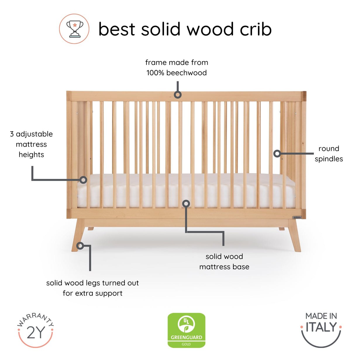 dadada Baby Soho 3-in-1 Convertible Crib – Made in Italy, GREENGUARD Gold, Adjustable Mattress Height, Solid Beechwood – Baby-Safe Finish, Modern dadada